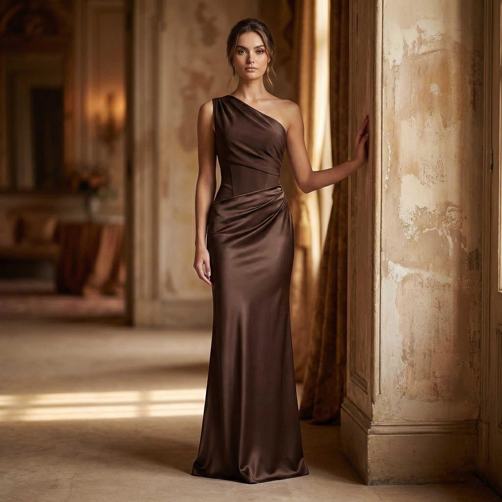 Woman in a brown one-shoulder evening gown standing in an elegant room with warm lighting.