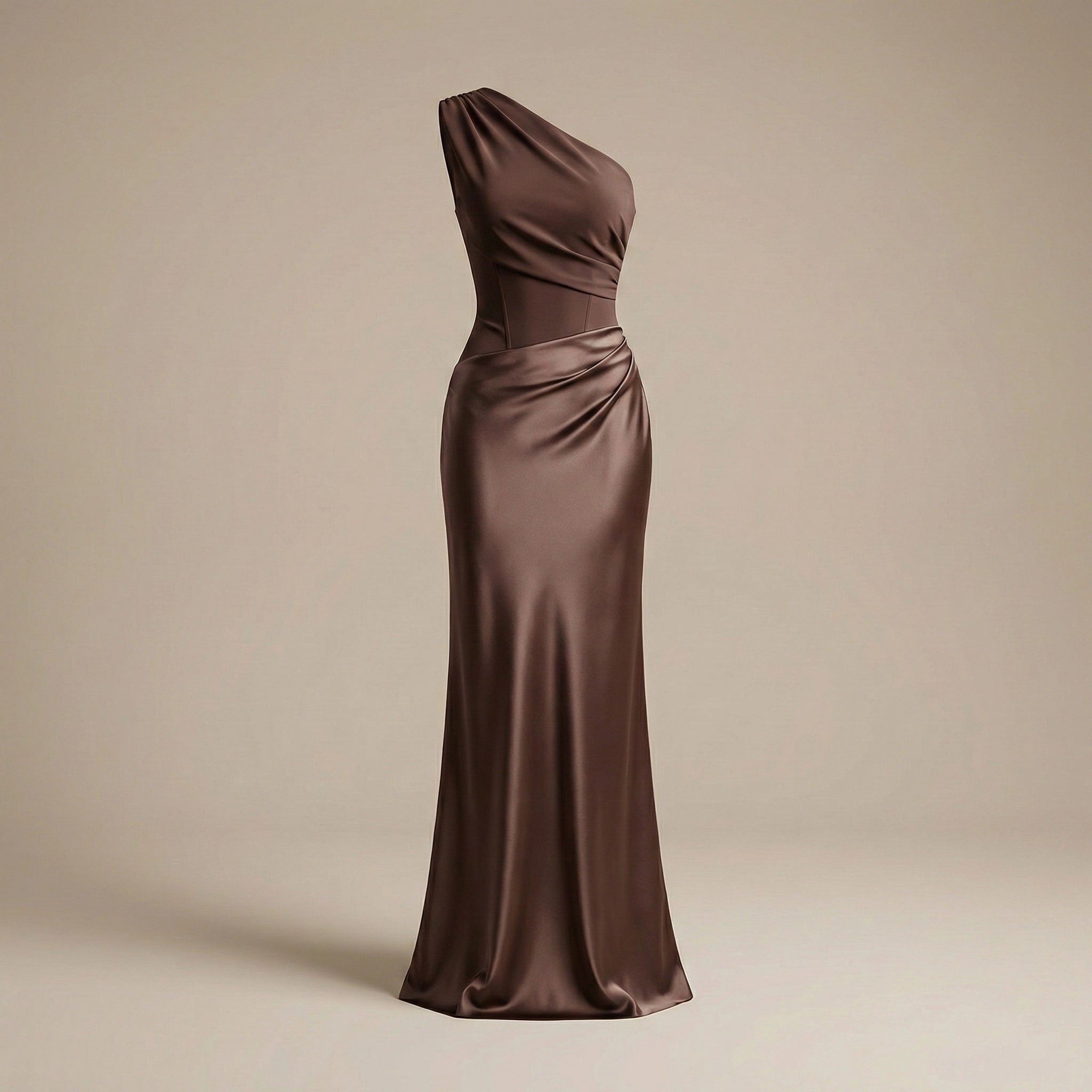 Brown one-shoulder evening gown on a beige background