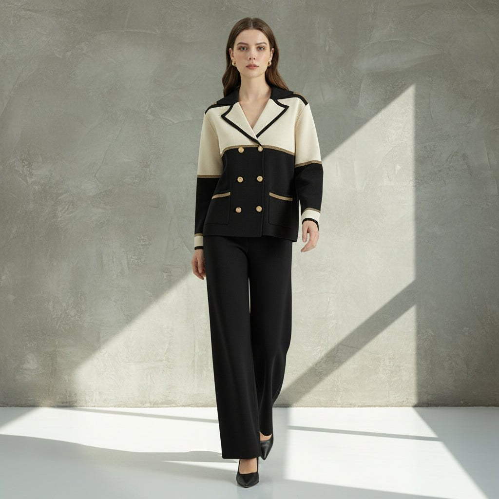 Woman wearing a black and white suit with gold buttons on a gray background