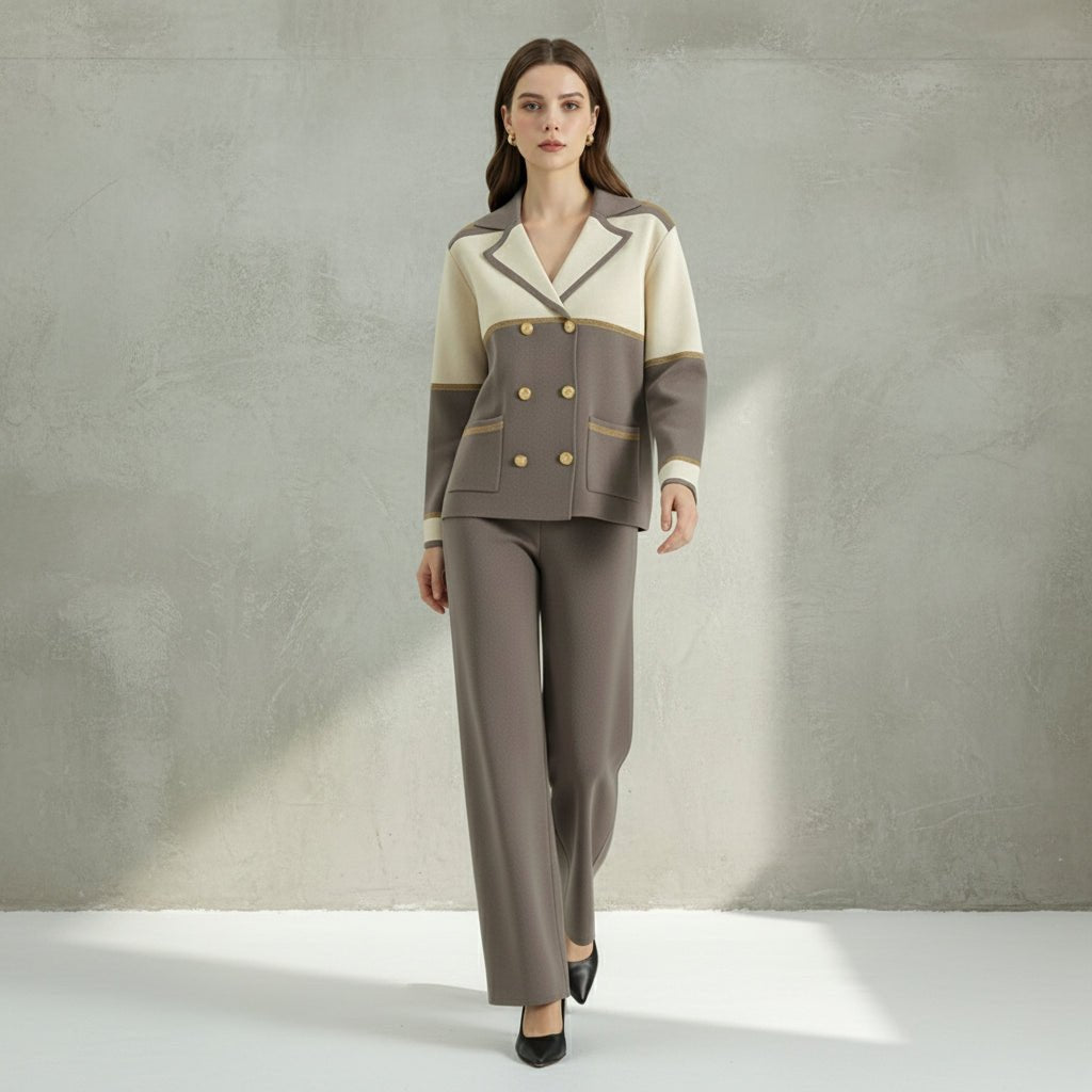 Woman wearing a two-tone suit with a gray and beige color scheme on a light gray background