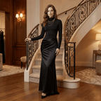 Woman in a black dress standing on a staircase in an elegant interior setting
