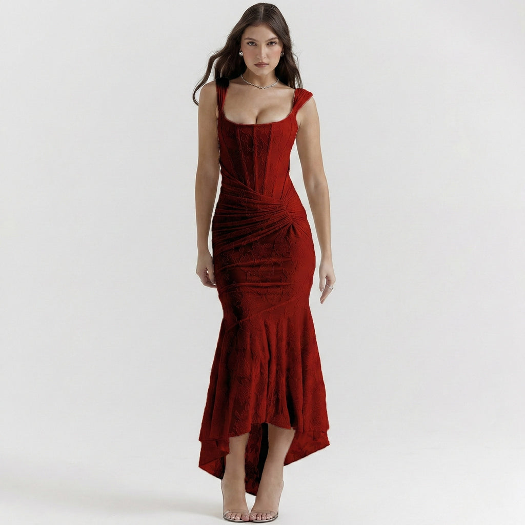 Woman wearing a red dress on a white background