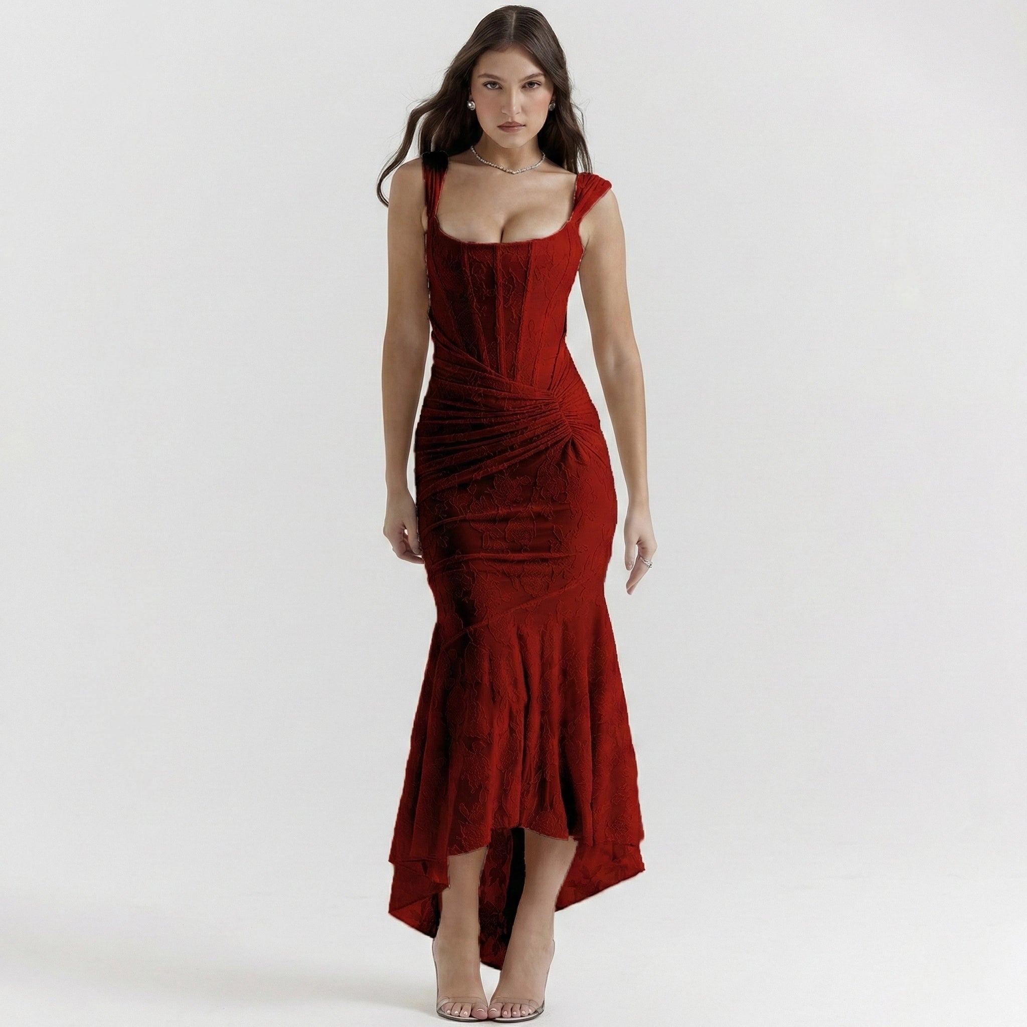 Woman wearing a red dress on a white background
