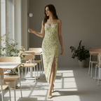 Woman in a yellow floral dress standing in a modern indoor setting with tables and chairs.