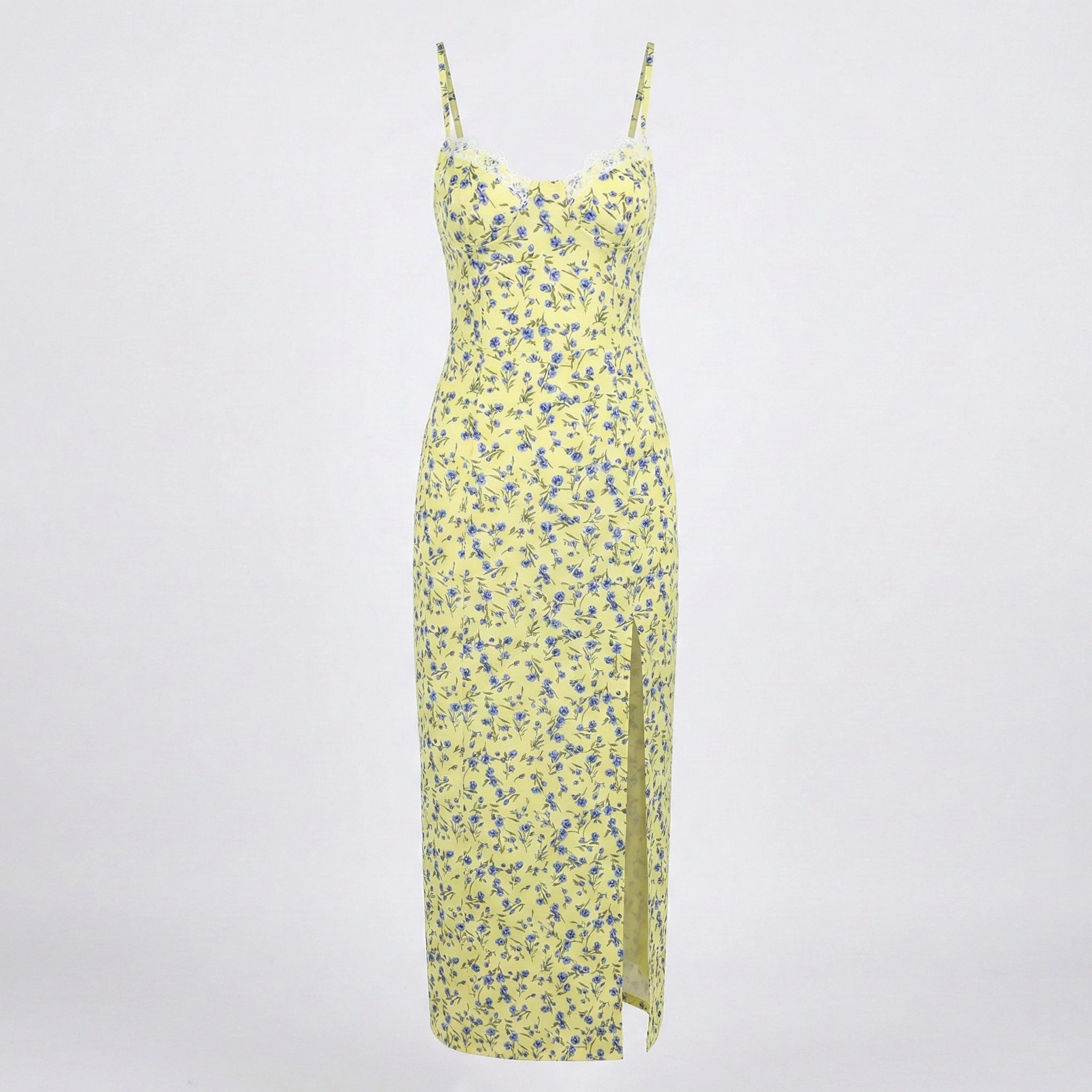 Yellow floral dress on a light gray background