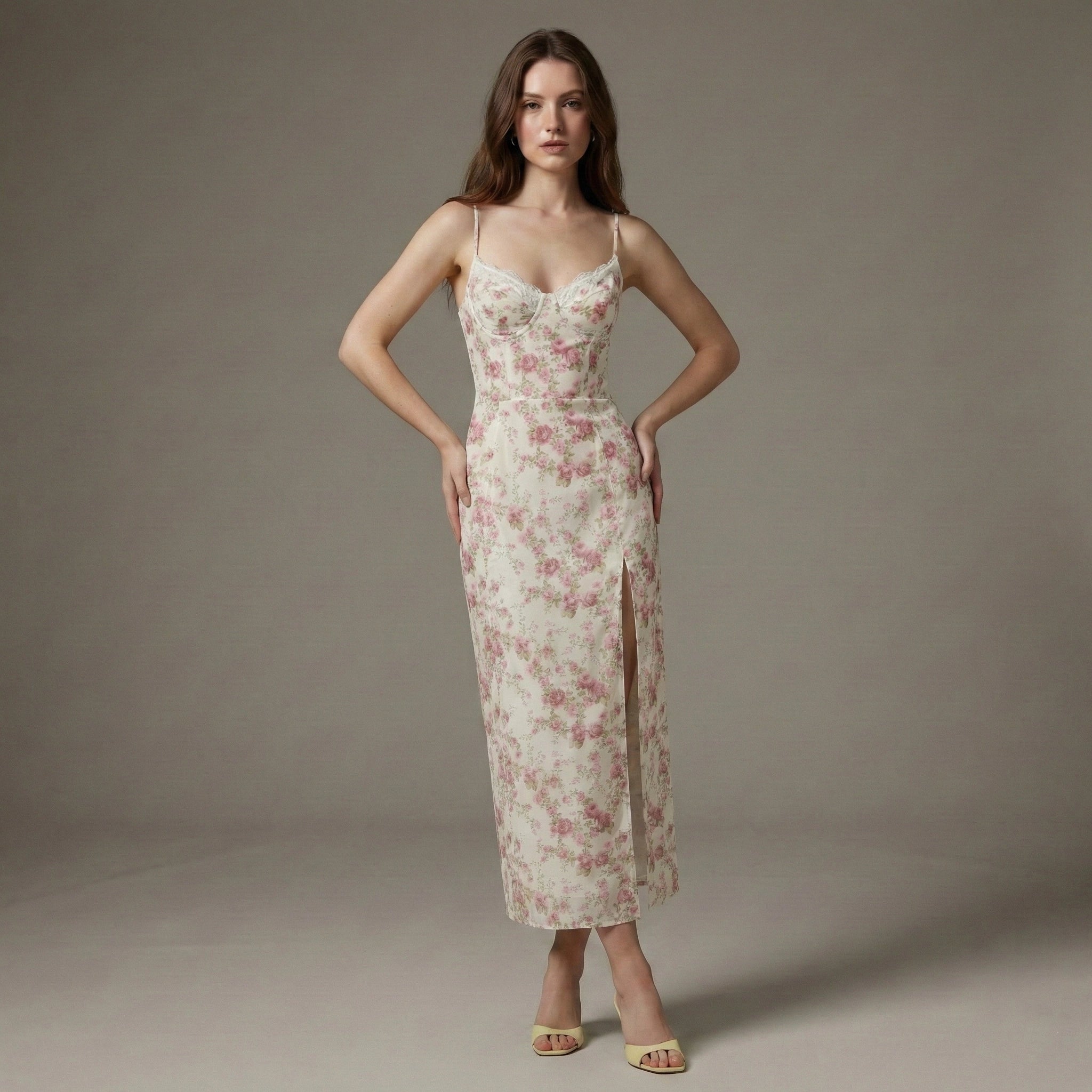 Woman wearing a floral dress against a plain background