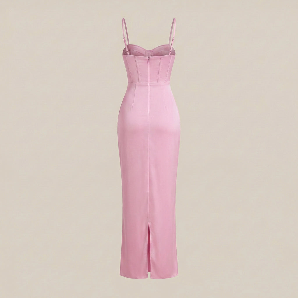 Pink evening gown with thin straps on a beige background