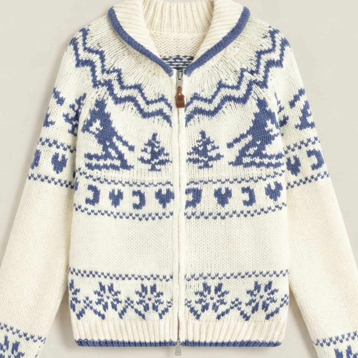 White zip-up sweater with blue pattern on a light gray background