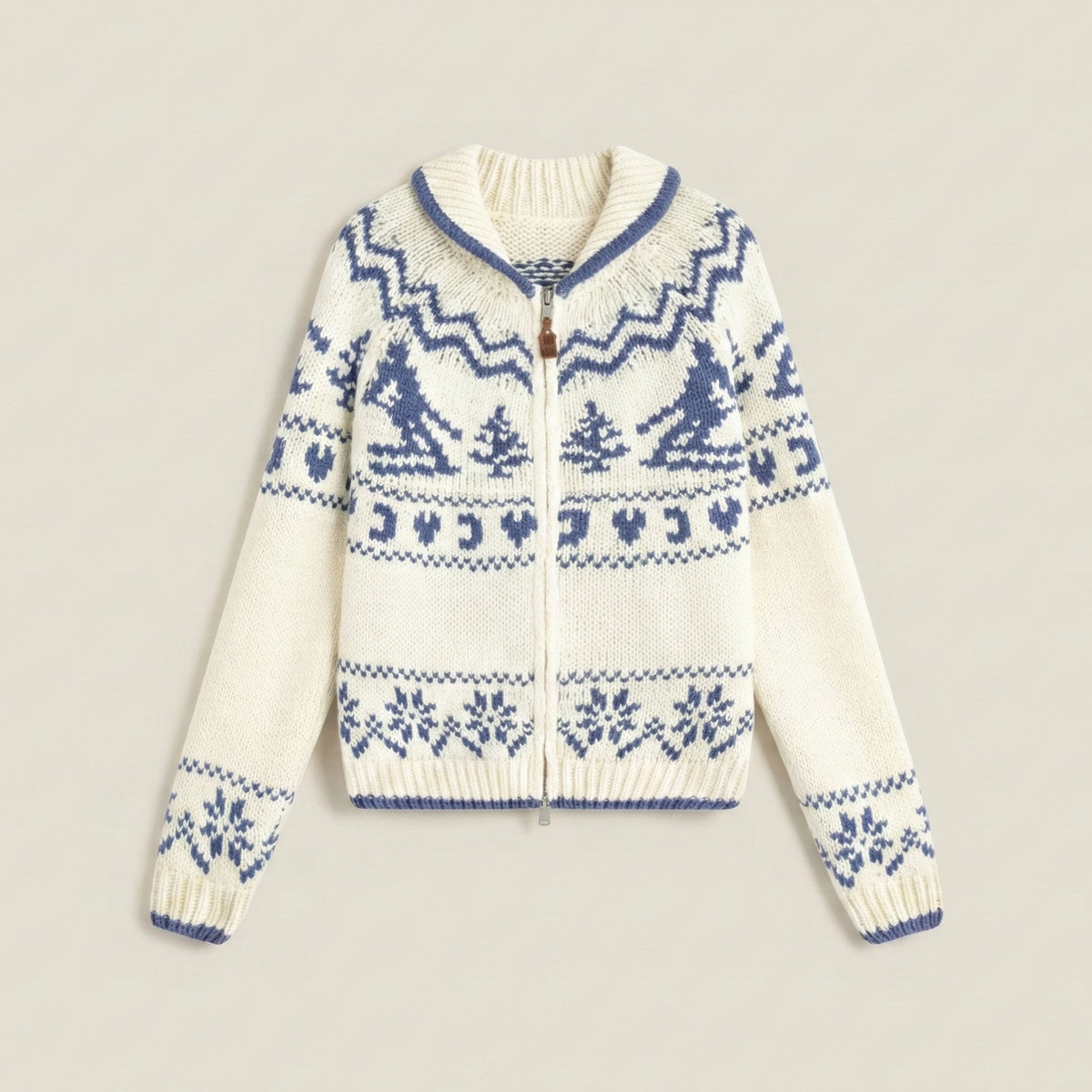 White zip-up sweater with blue pattern on a light gray background