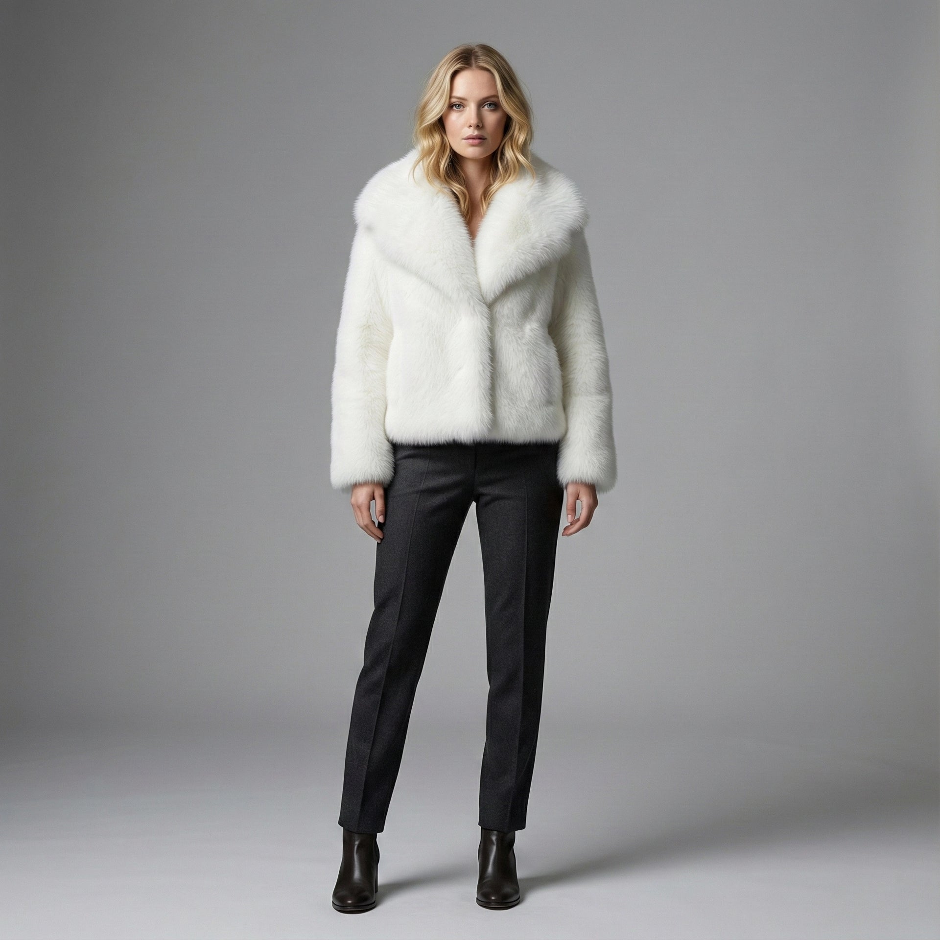 Woman wearing a white fur coat and black pants on a gray background
