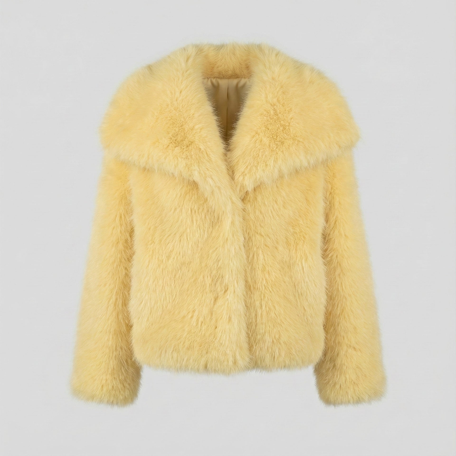 Yellow fluffy jacket on a light gray background