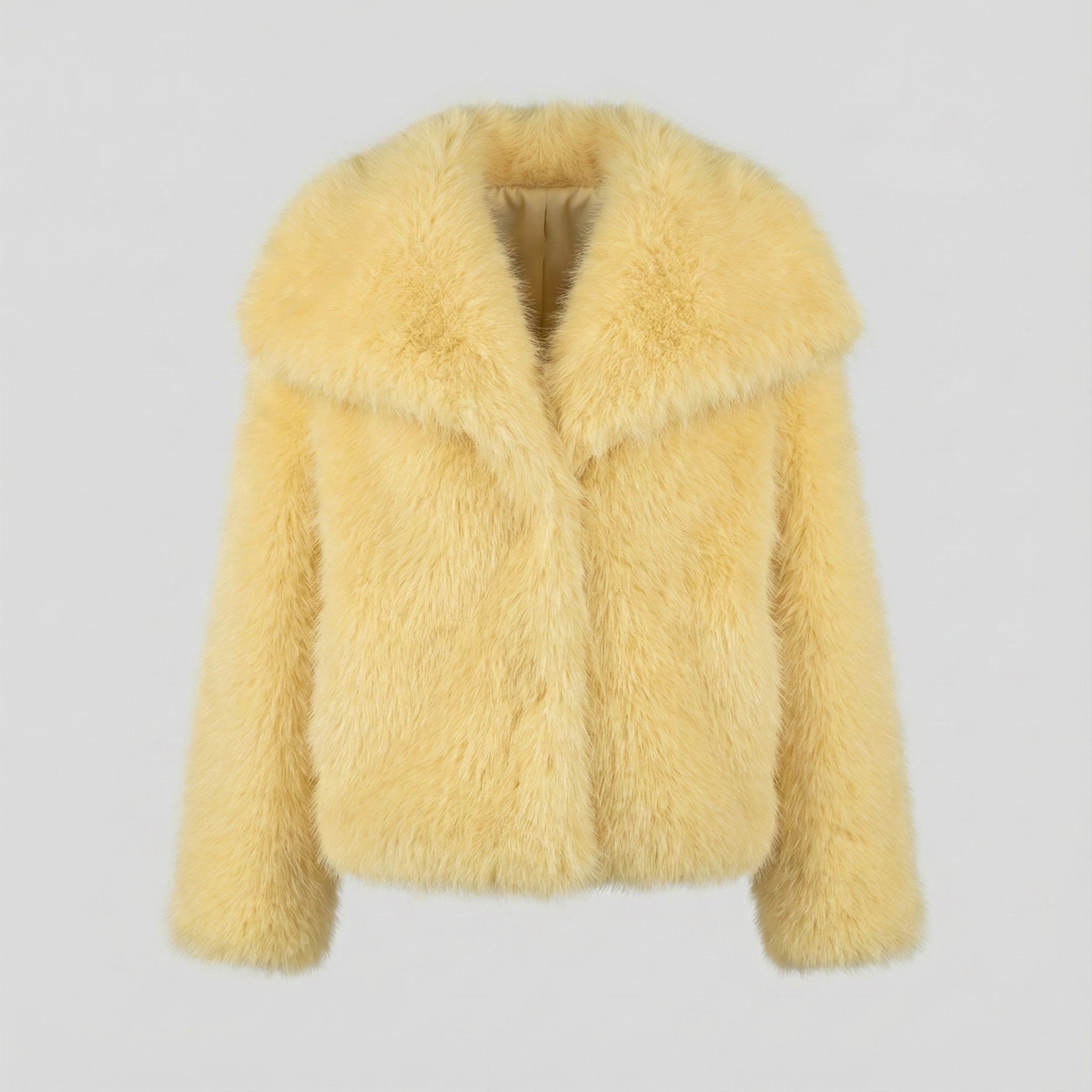 Yellow fluffy jacket on a light gray background