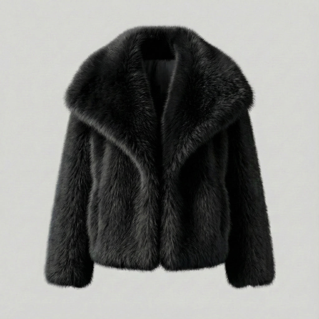 Black faux fur jacket on a light gray background