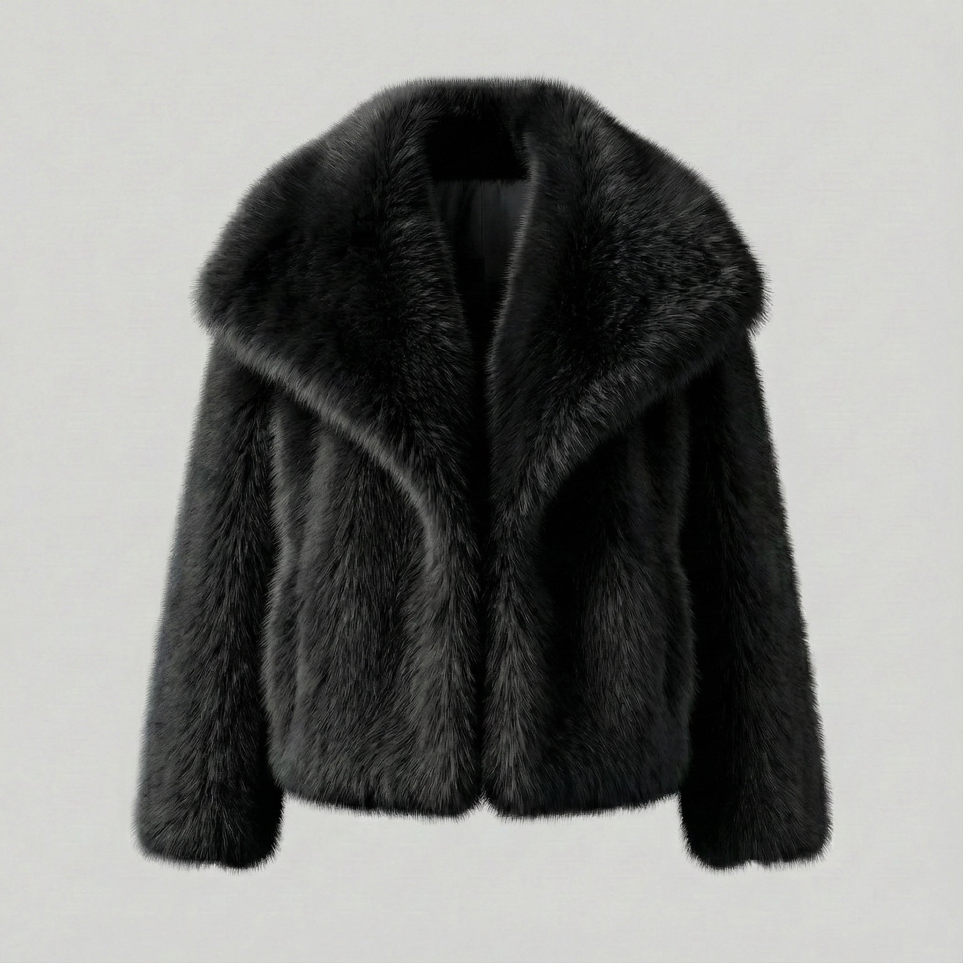 Black faux fur jacket on a light gray background