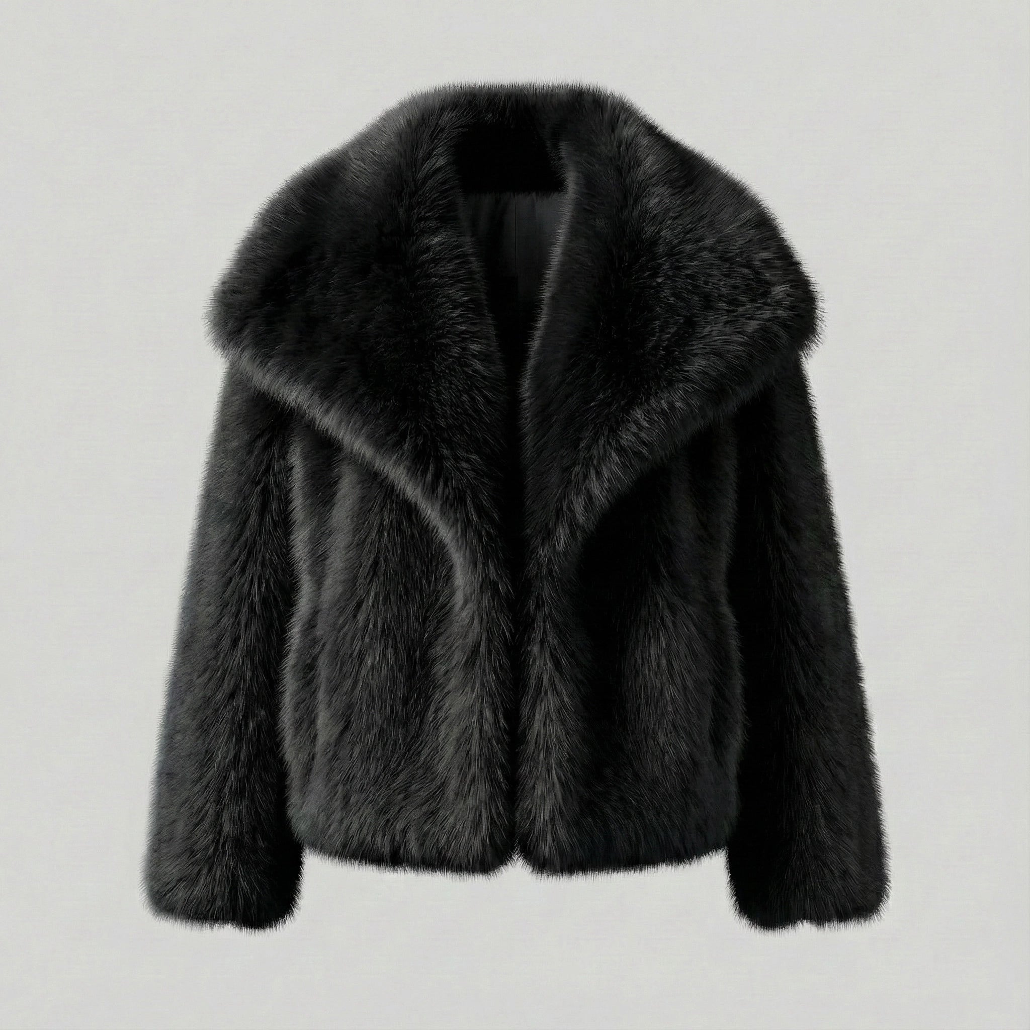 Black faux fur jacket on a light gray background