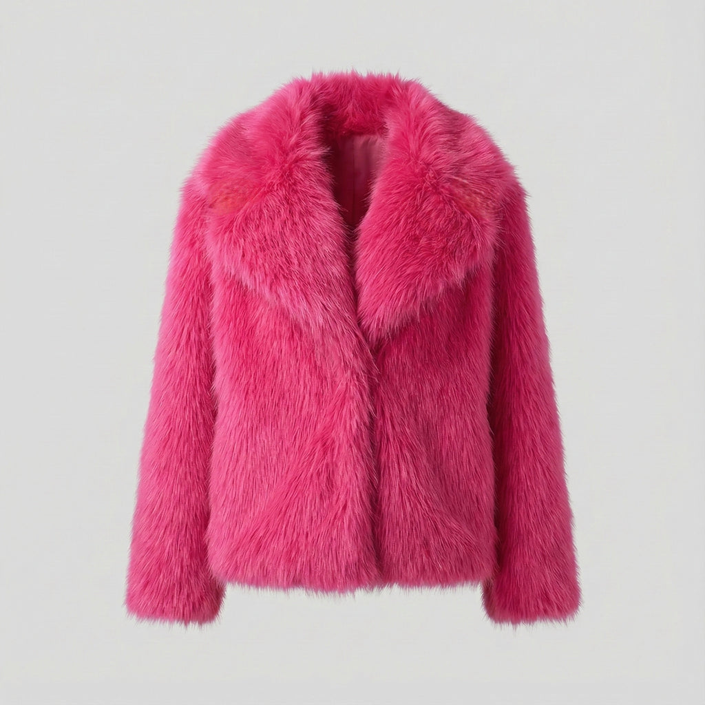 Pink fluffy jacket on a light gray background