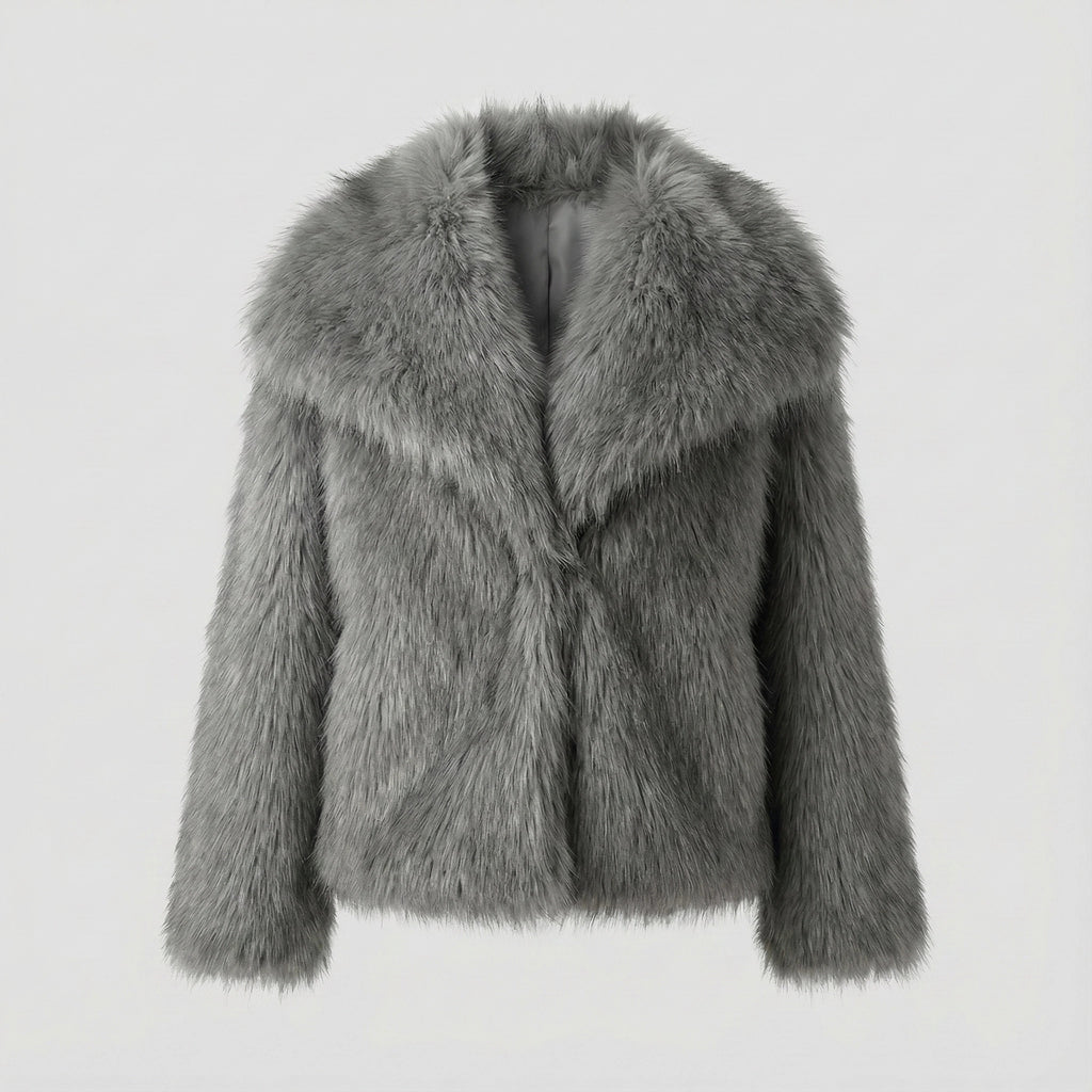 Gray faux fur jacket on a light gray background