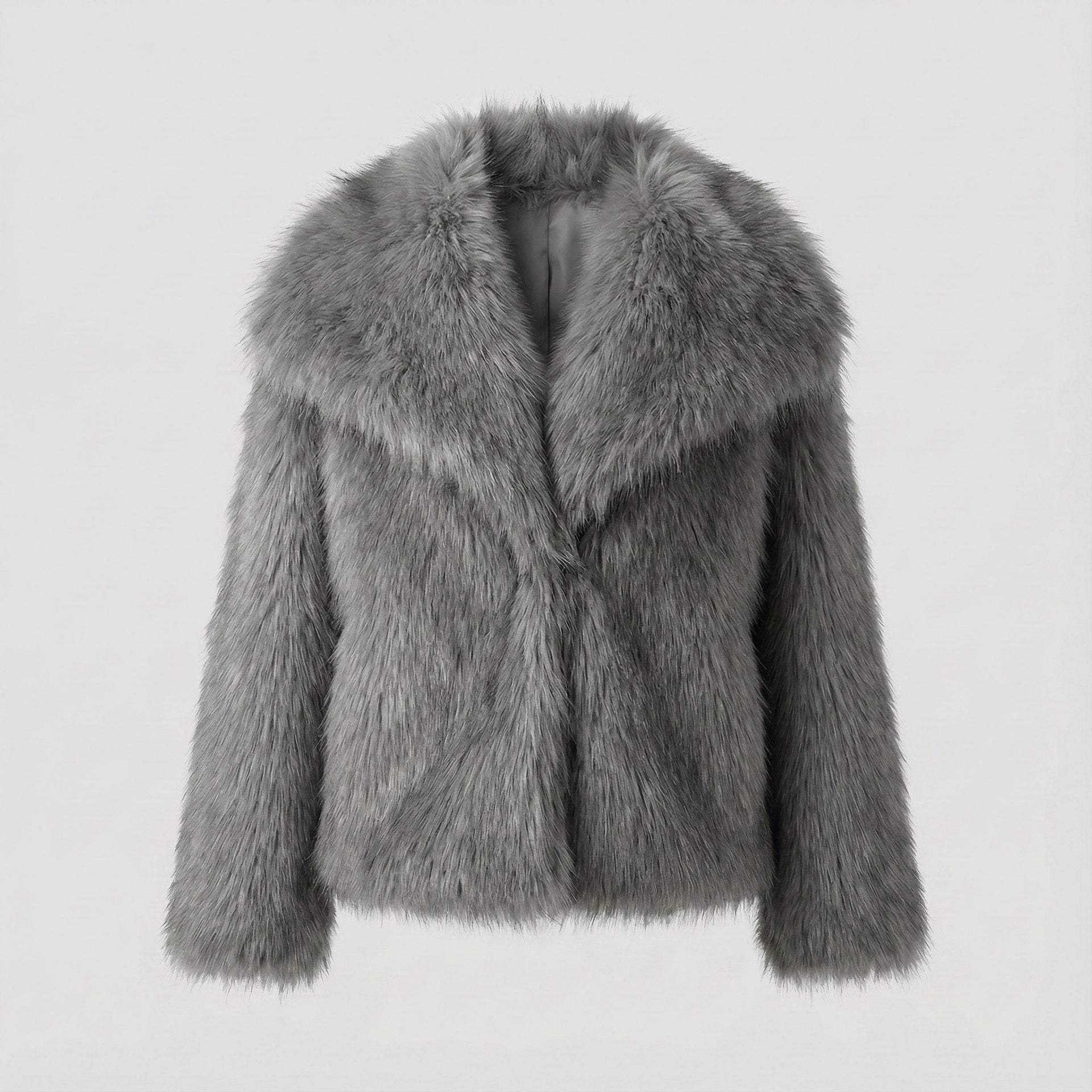 Gray faux fur jacket on a light gray background