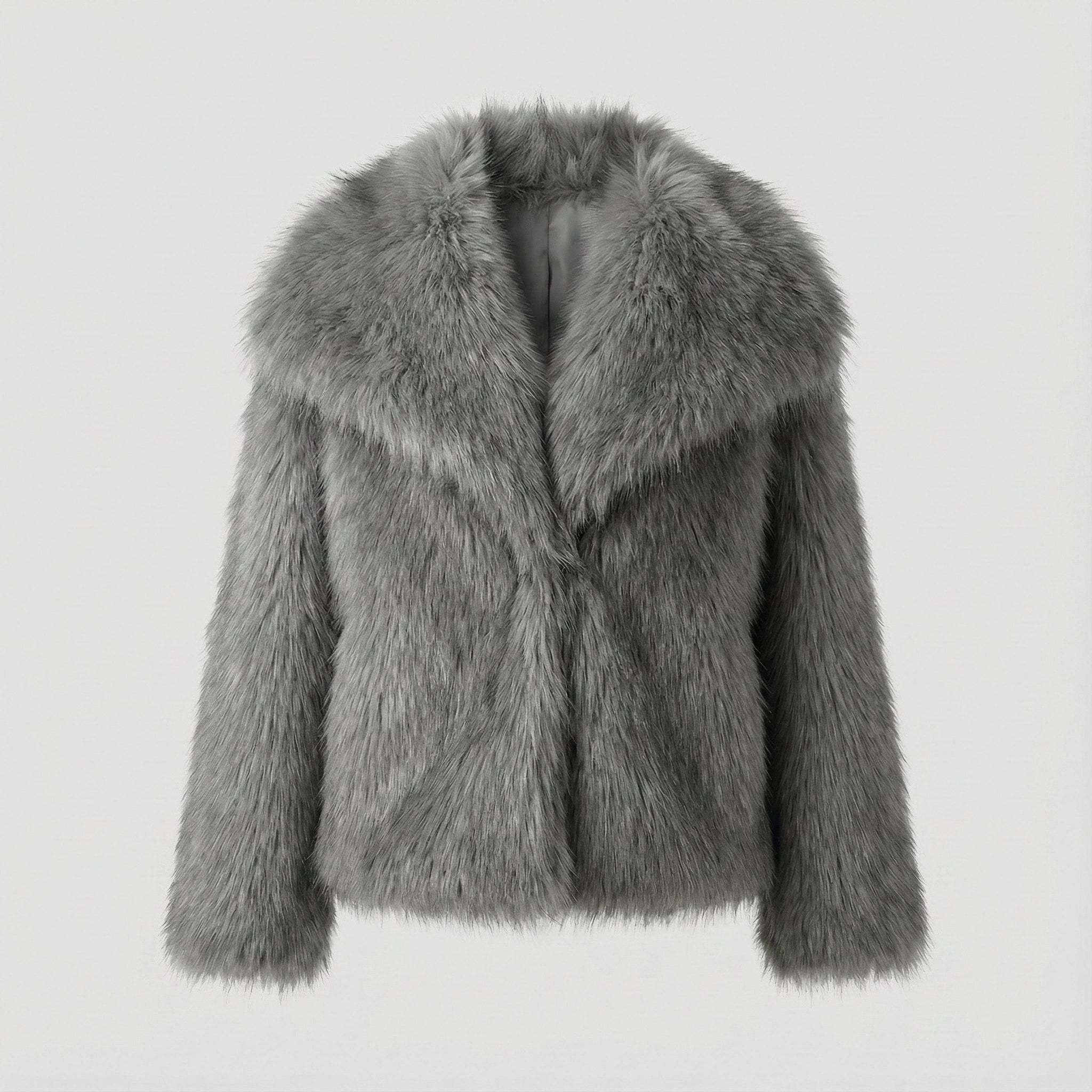 Gray faux fur jacket on a light gray background