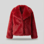 Red fur jacket on a light gray background