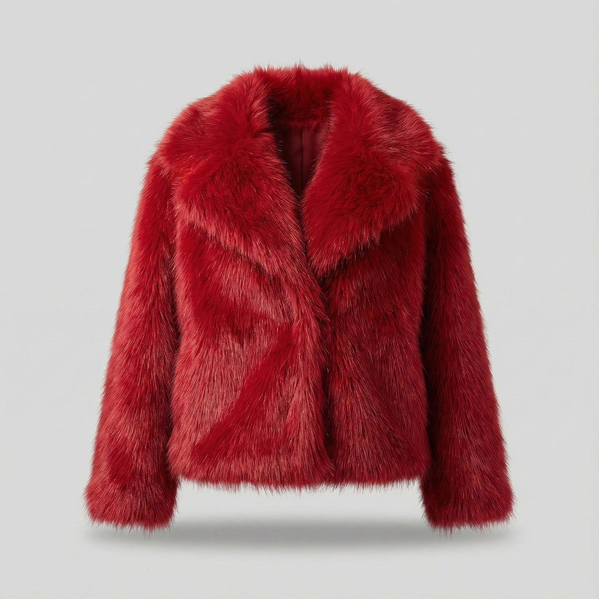 Red fur jacket on a light gray background