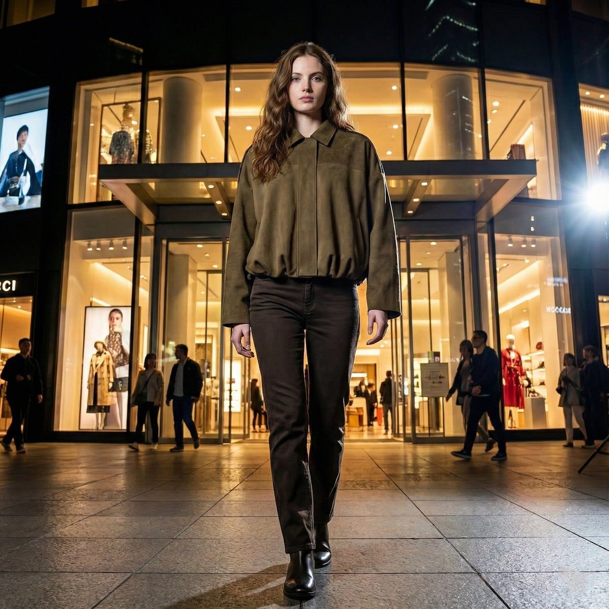Woman walking in front of a modern building with glass facade