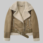 Brown leather jacket with beige shearling collar on a white background