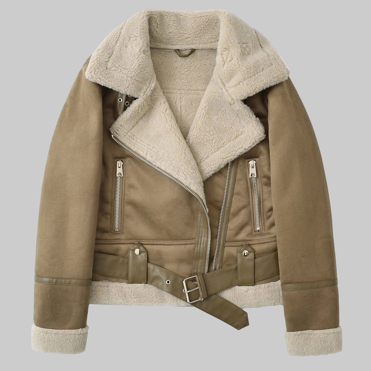 Brown leather jacket with beige shearling collar on a white background
