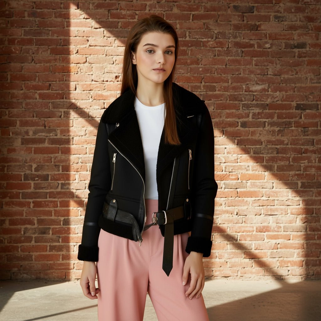 Woman wearing a black leather jacket and pink pants against a brick wall.