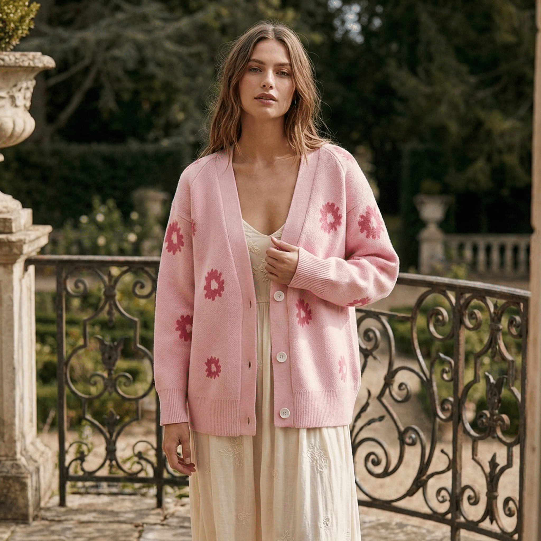 Woman wearing a pink floral cardigan in an outdoor setting