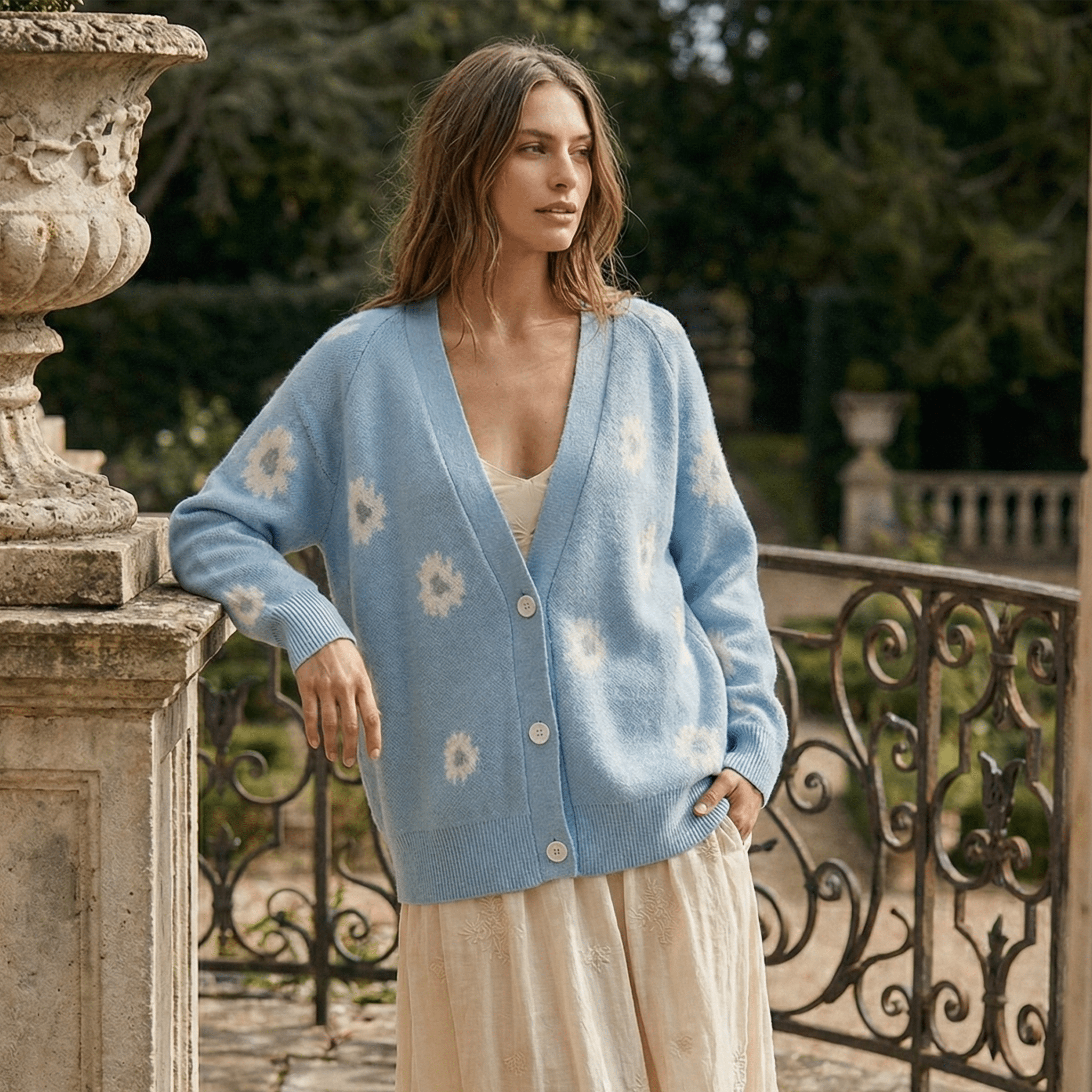 Woman wearing a light blue cardigan with floral patterns in an outdoor setting