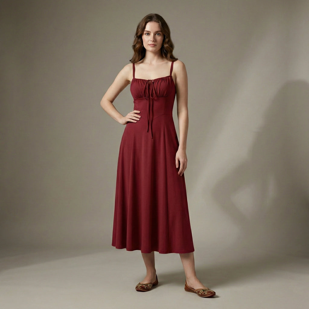 Woman wearing a red dress against a neutral background