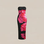 Black strapless dress with pink floral pattern on a beige background