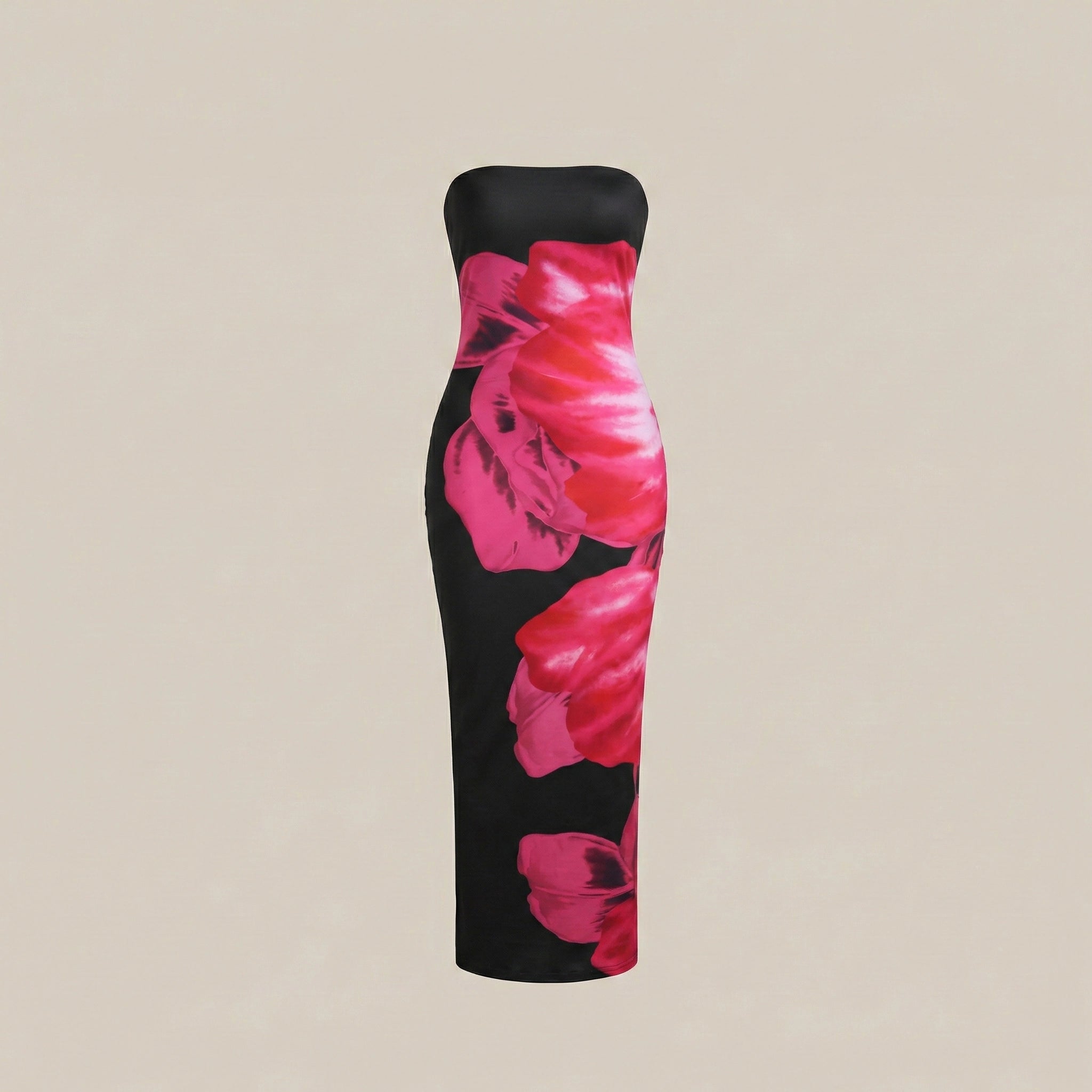 Black strapless dress with pink floral pattern on a beige background