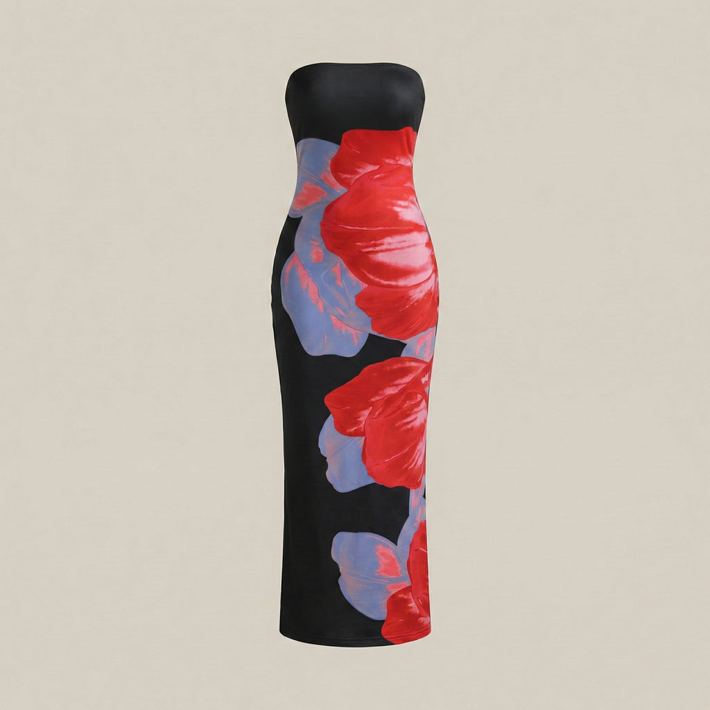 Black strapless dress with red and blue floral pattern on a beige background