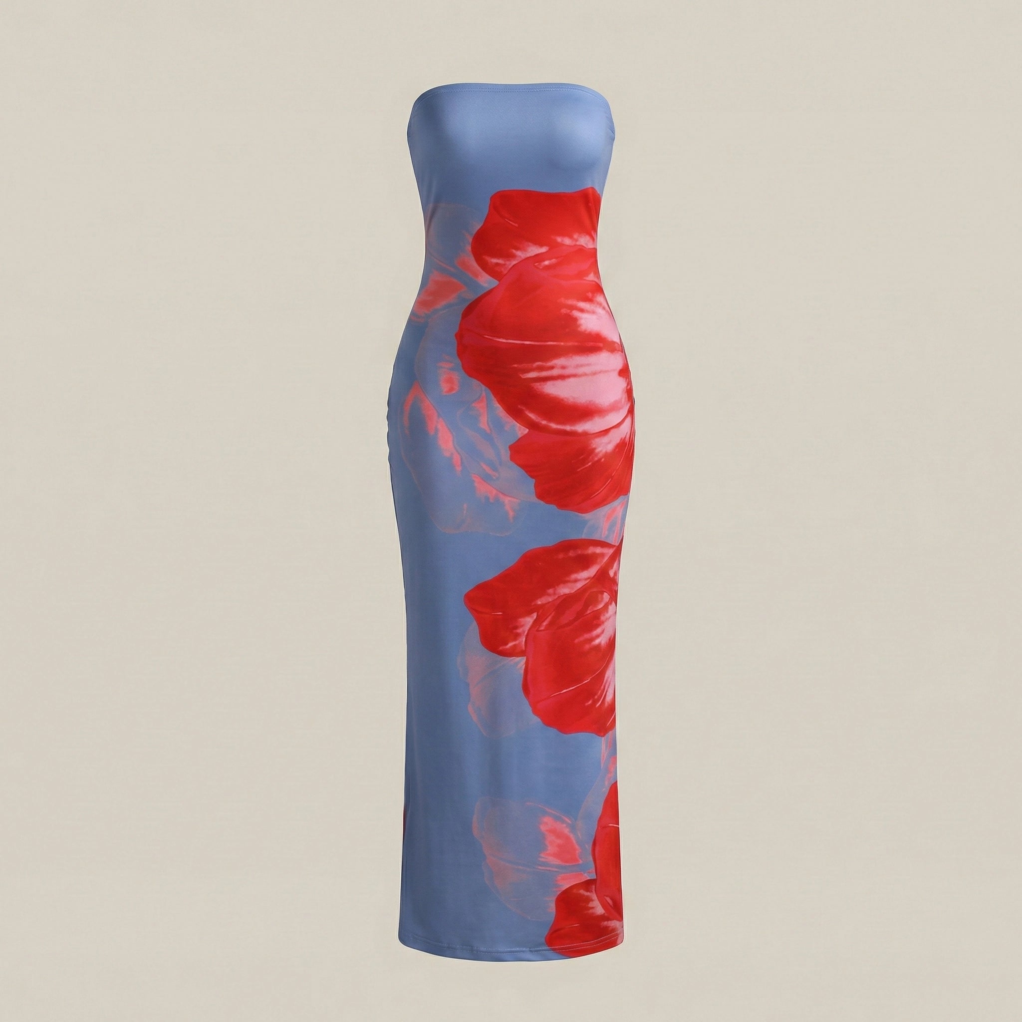Blue strapless dress with red floral pattern on a beige background
