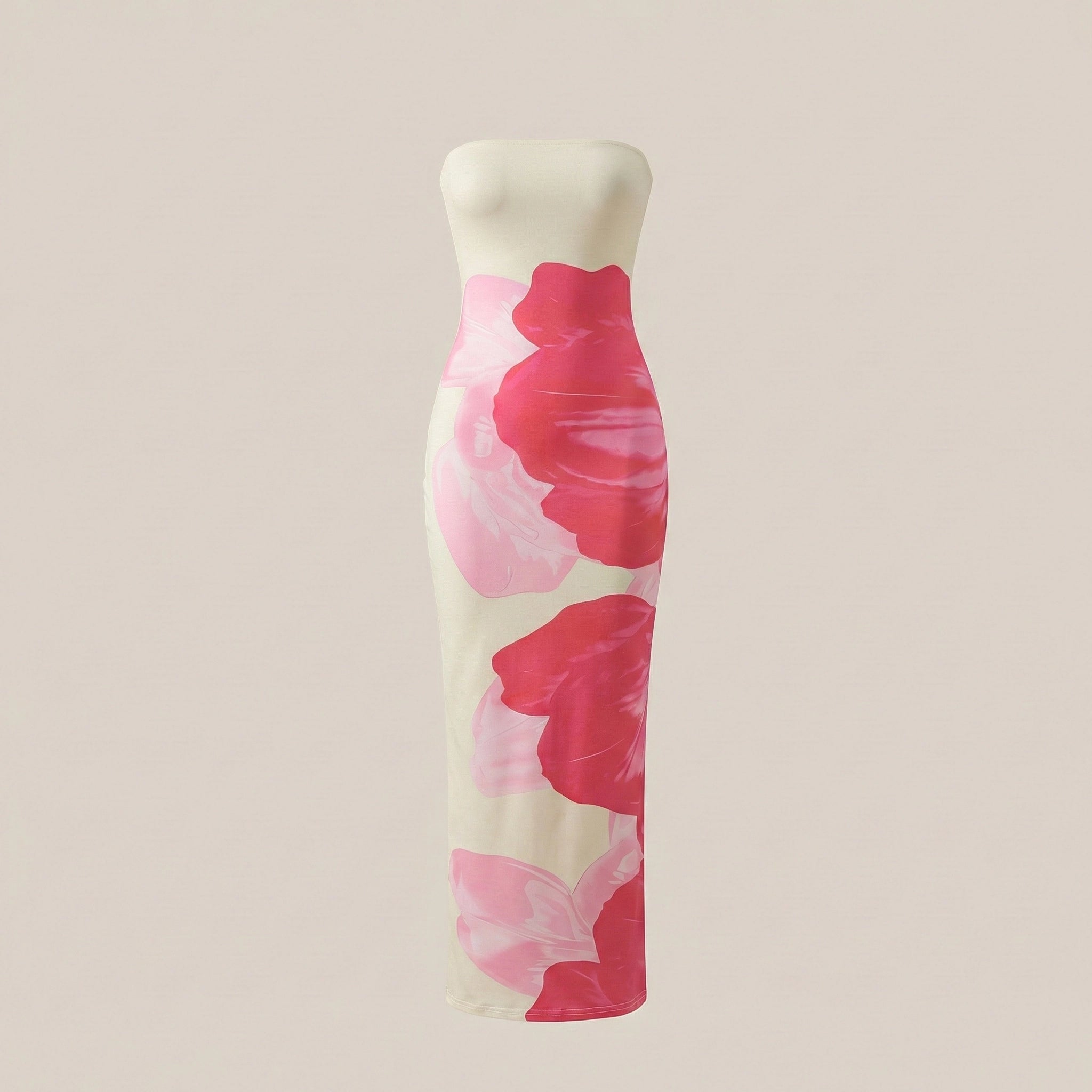 Floral strapless dress on a mannequin against a beige background
