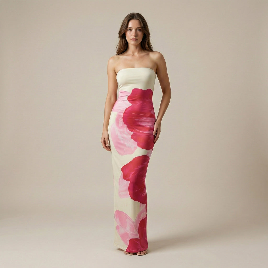 Woman wearing a strapless dress with pink floral pattern on a beige background