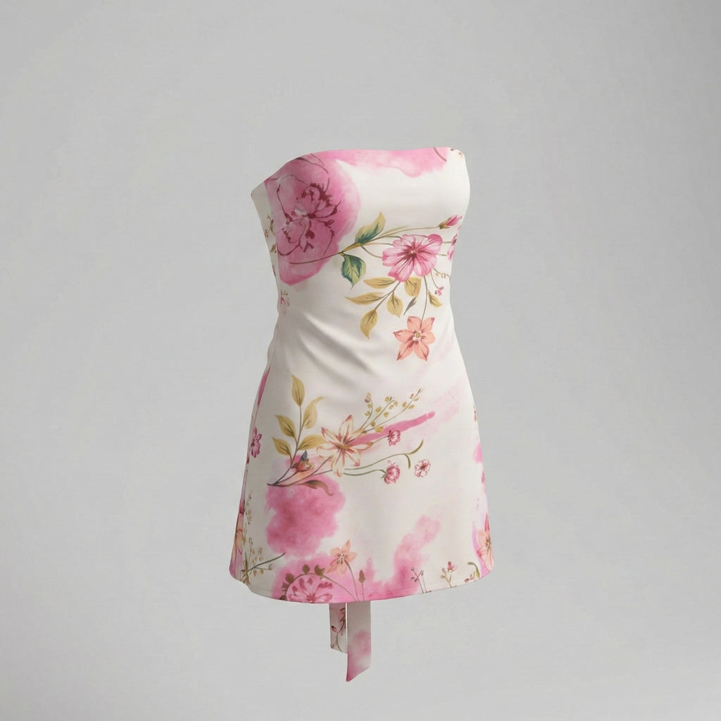 Floral strapless dress on a gray background