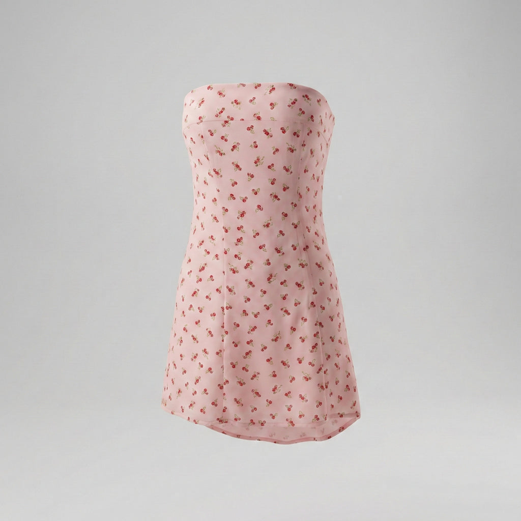 Pink strapless dress with small red pattern on a light gray background