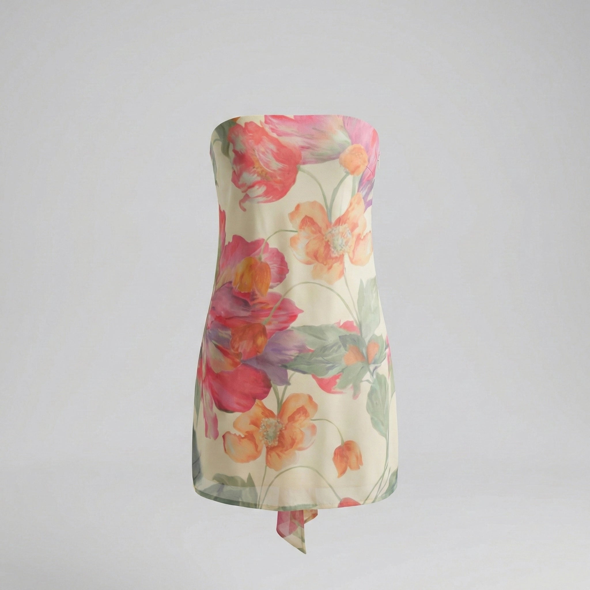 Floral-patterned strapless dress on a gray background