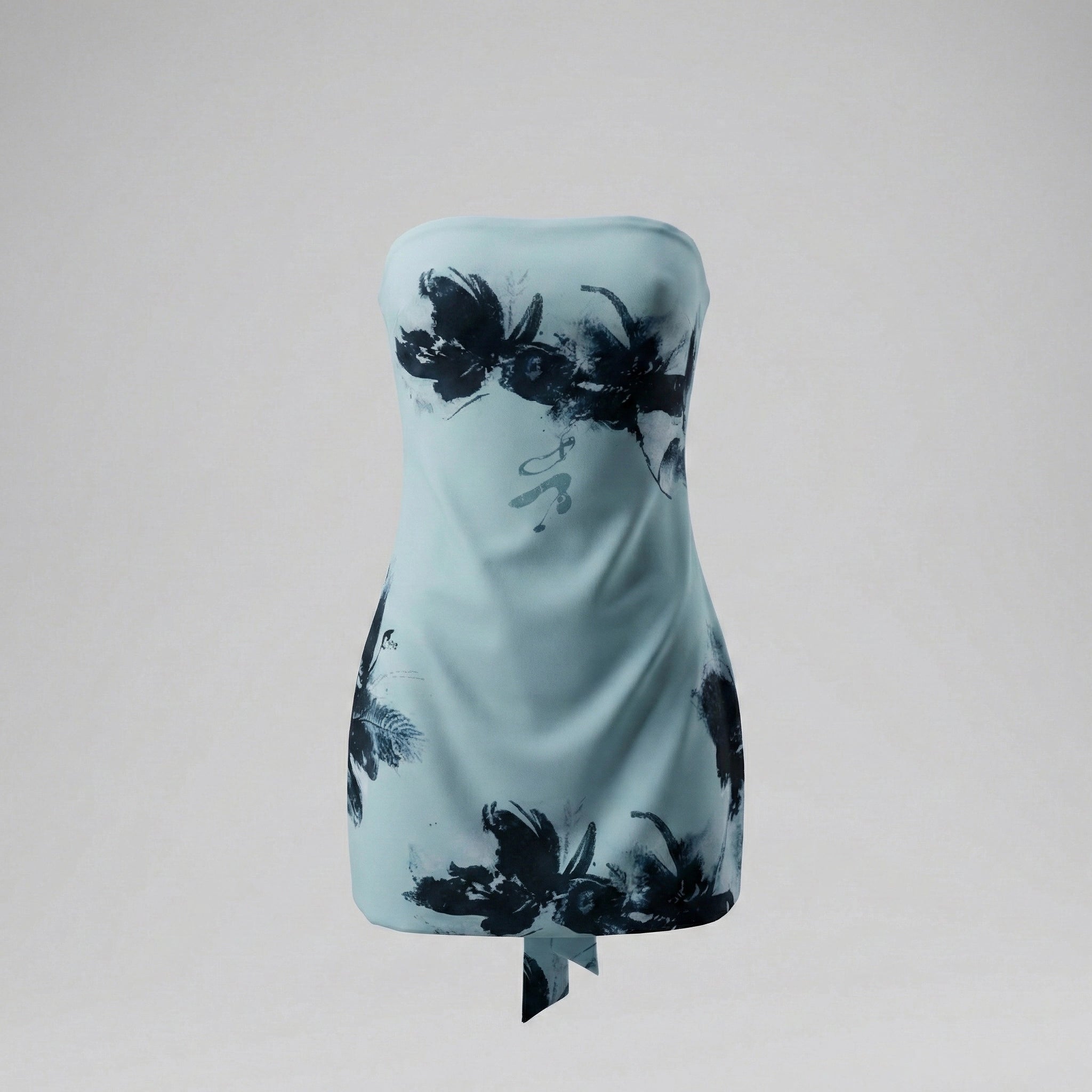 Light blue strapless dress with black floral patterns on a gray background