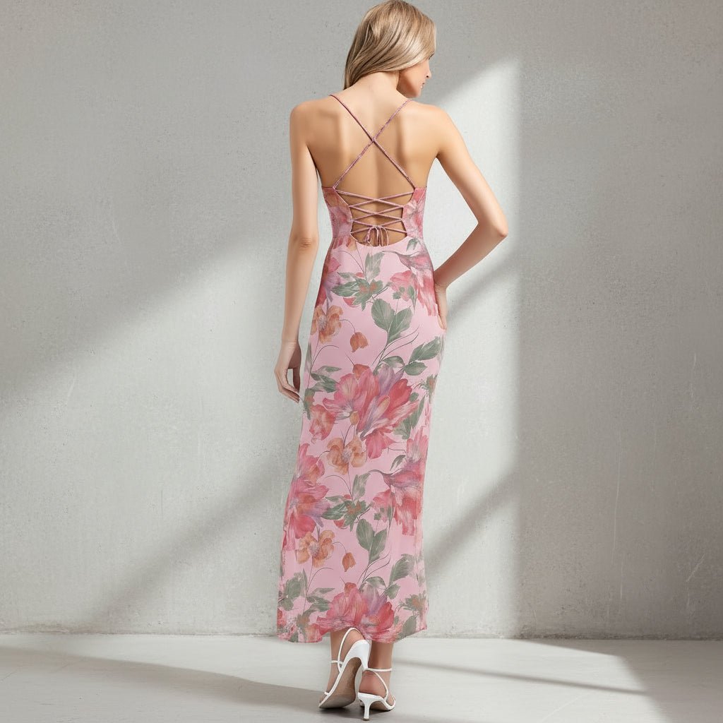 Woman wearing a pink floral dress with a white background