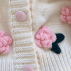 Close-up of a knitted fabric with pink floral patterns and buttons.