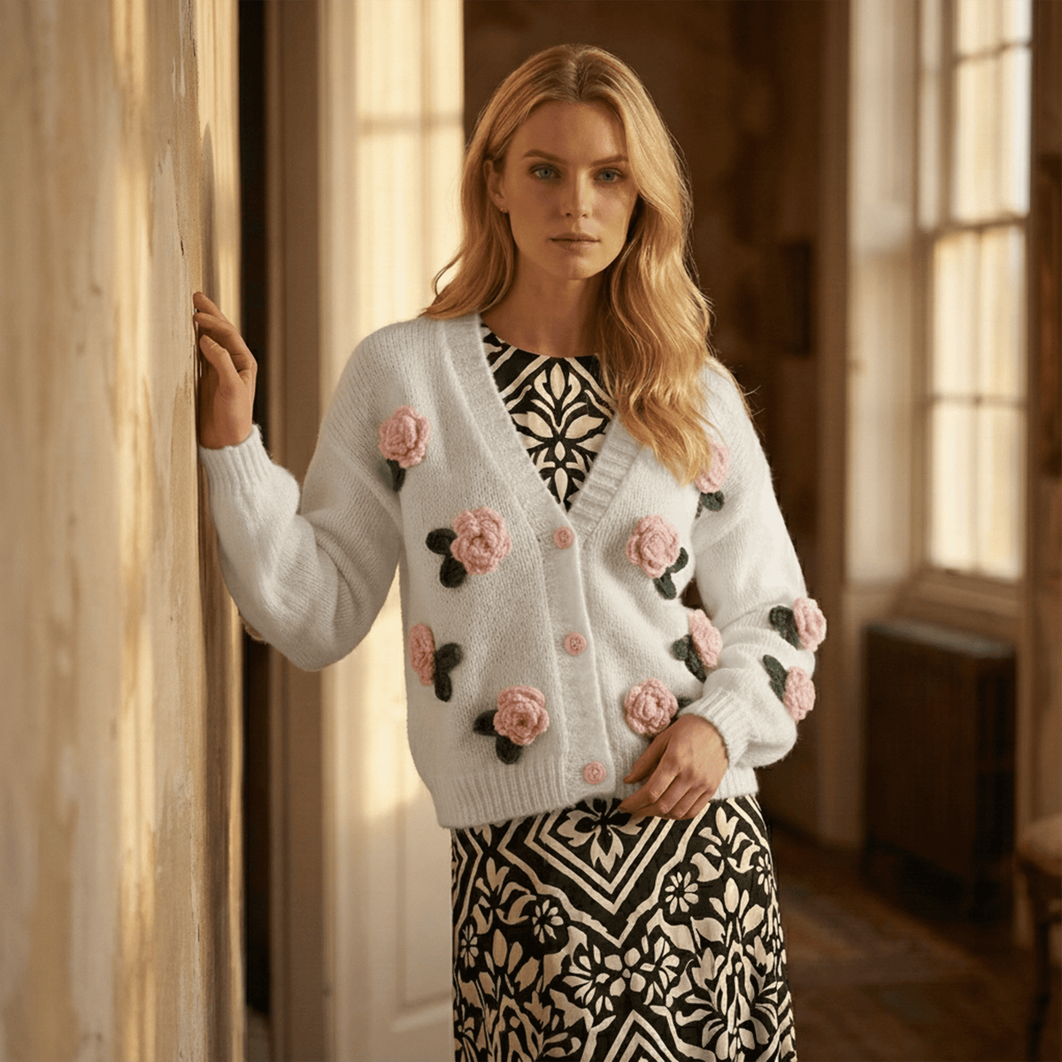 Woman wearing a white cardigan with floral embellishments in a warm, softly lit room.