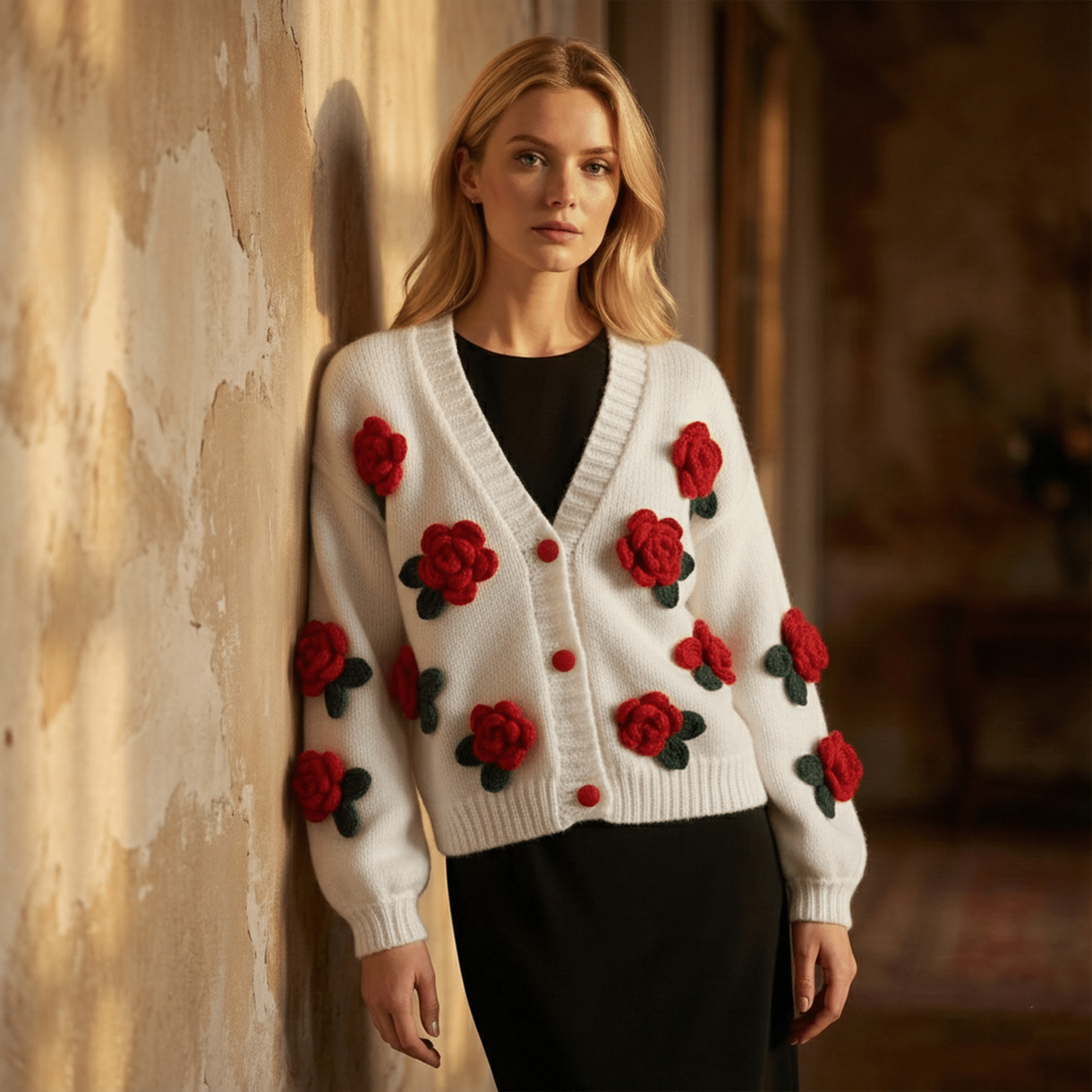 Woman wearing a white cardigan with red floral patterns against a textured wall.
