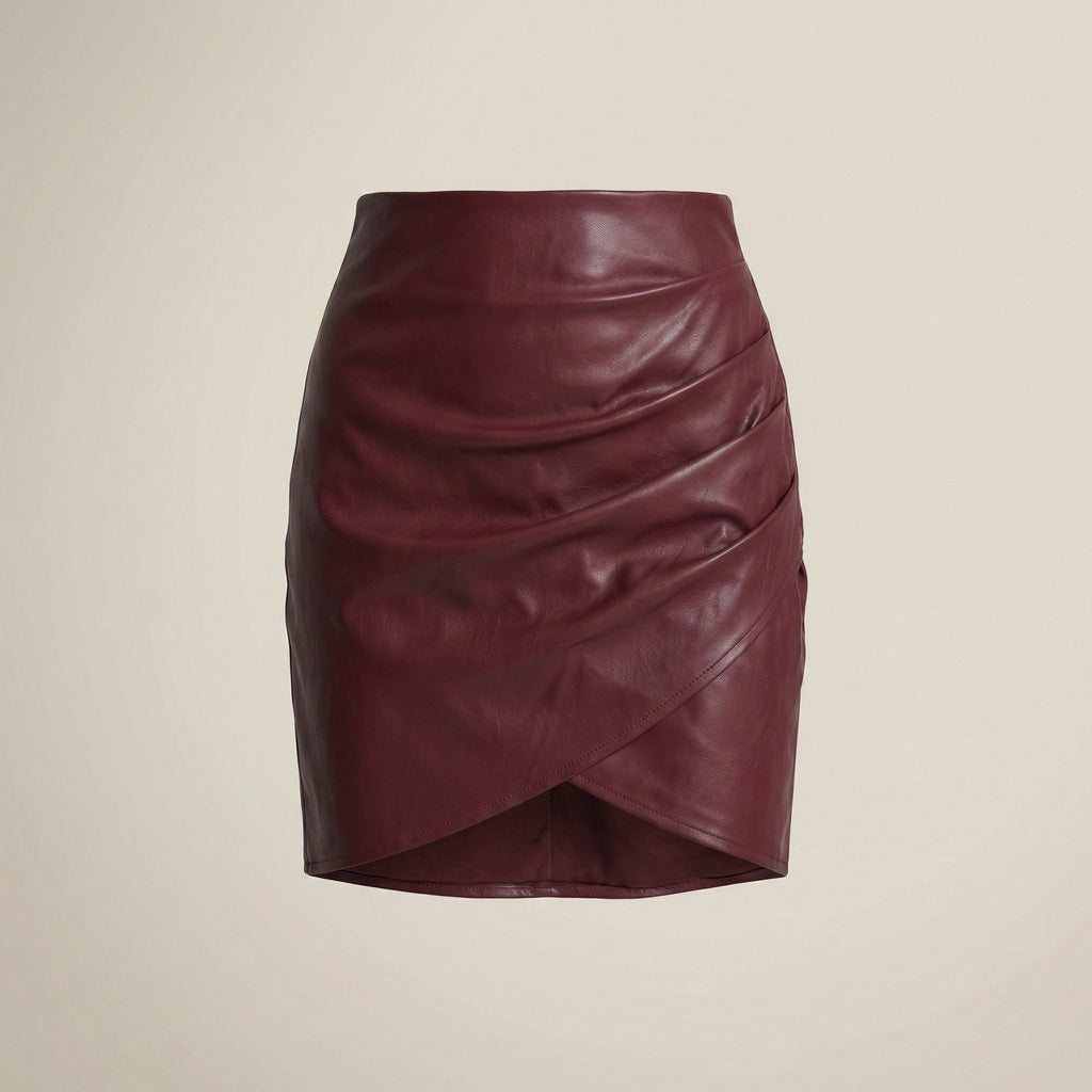 Maroon leather skirt on a beige background