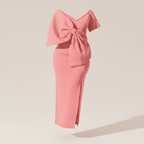 Pink dress with a large bow detail on a beige background