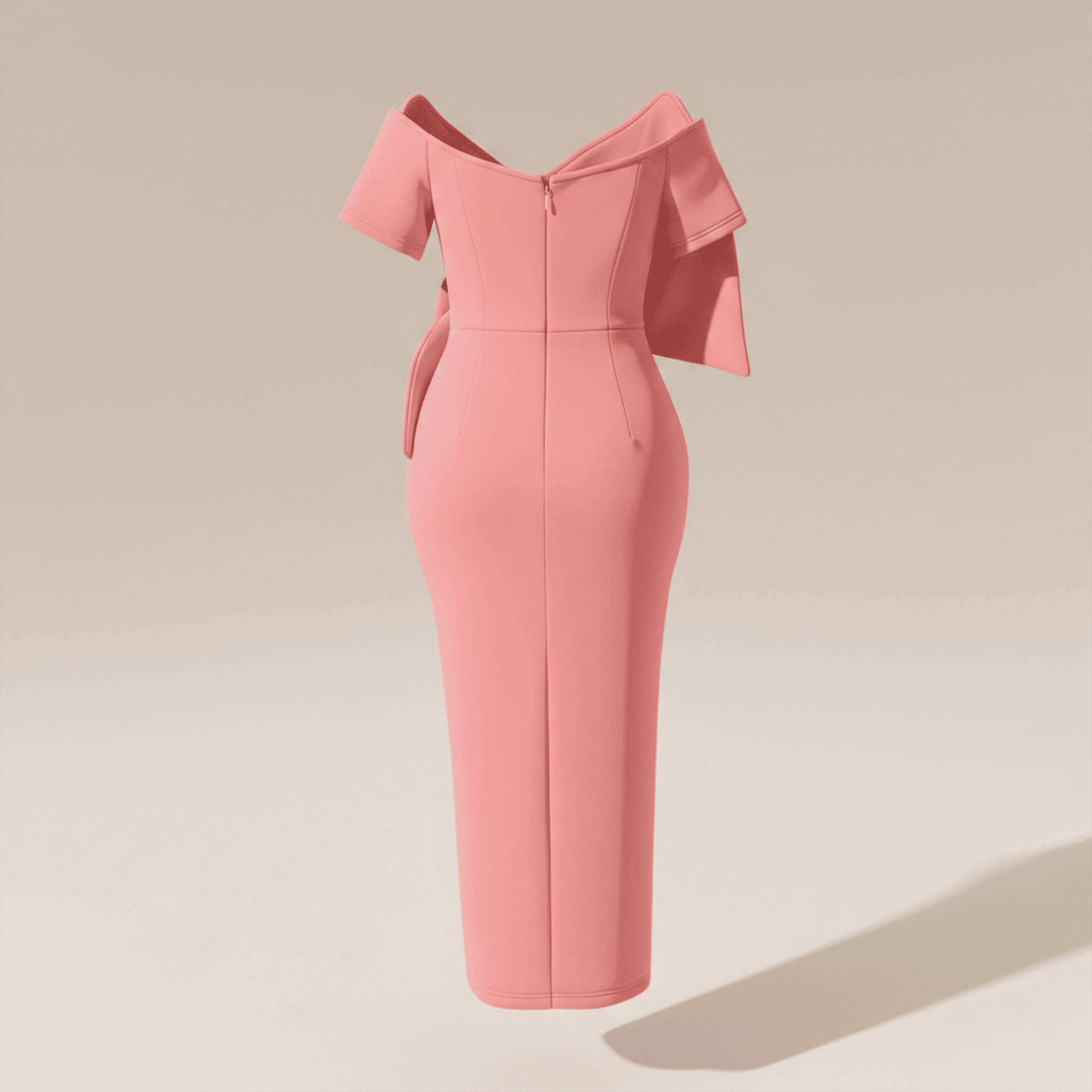 Pink off-shoulder dress on a beige background