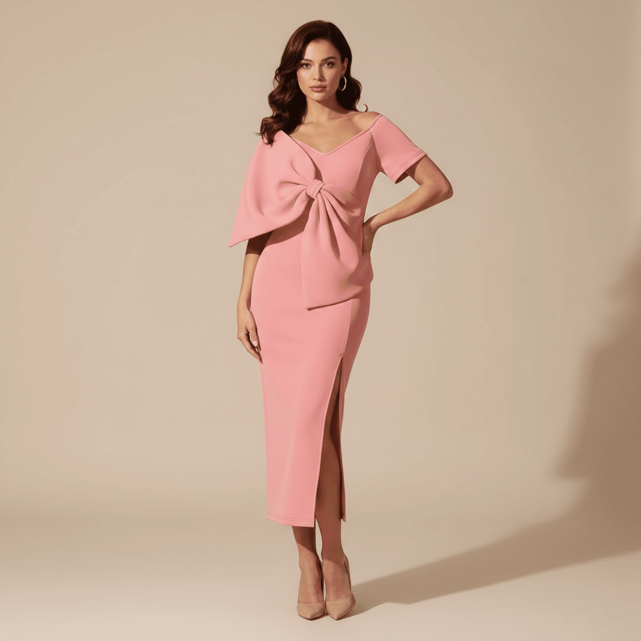 Woman wearing a pink dress with a bow detail on a beige background